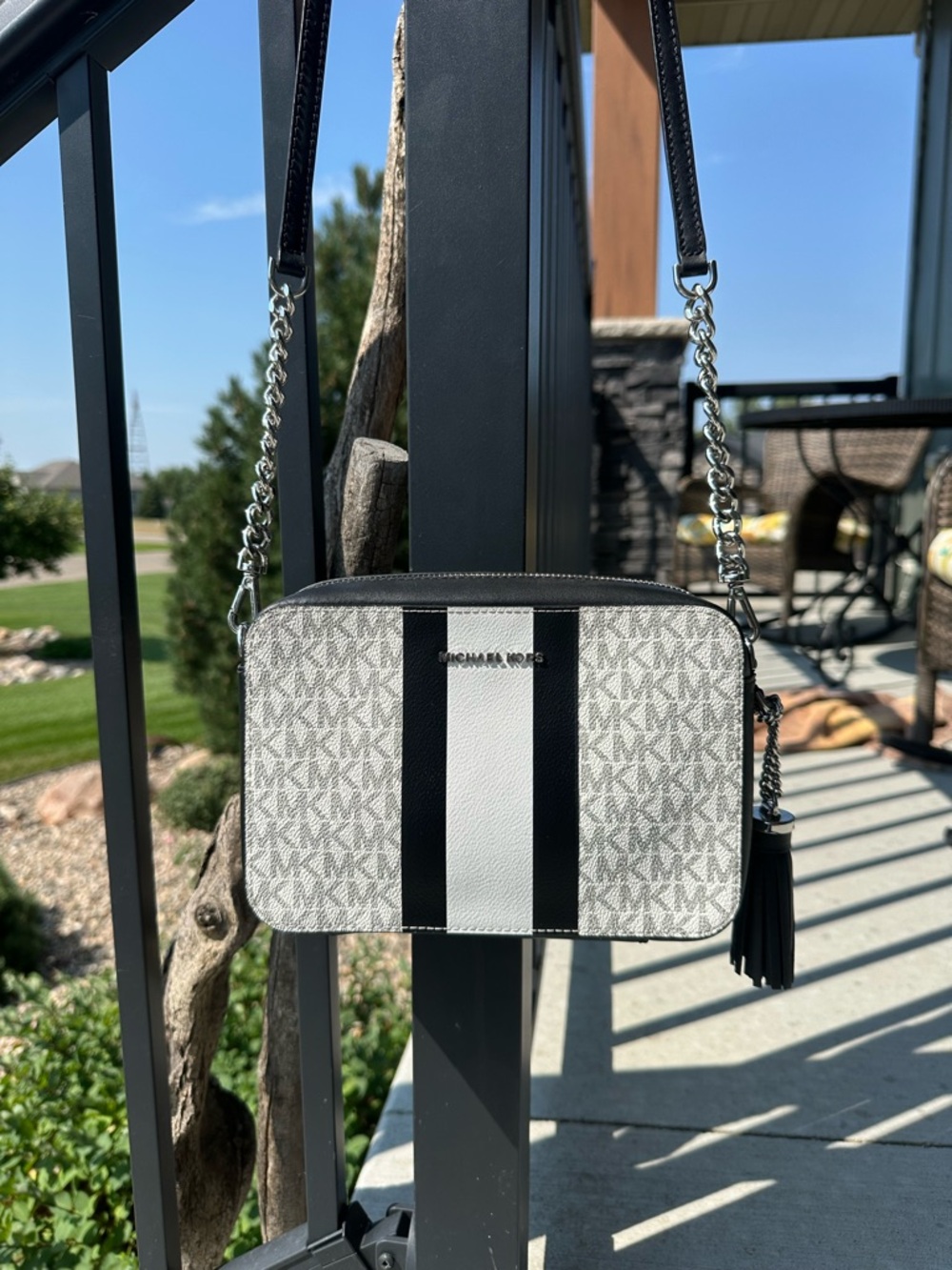 Michael Kors Black and White Signature Stripe Crossbody